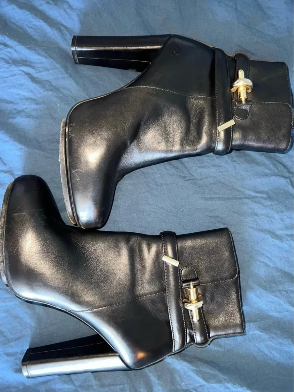 Balenciaga Black Leather Platform Ankle Booties with Gold-Tone Buckle